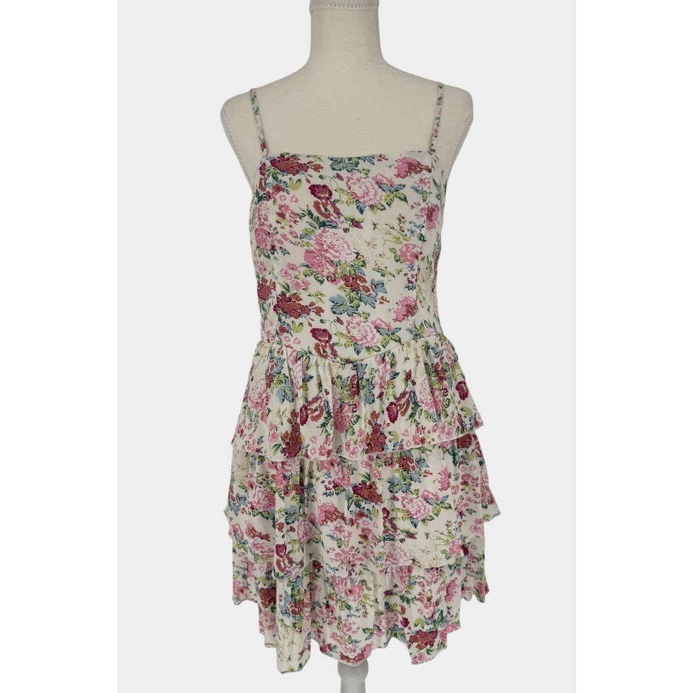 Vtg Y2K Delias Floral Tiered Ruffle Mini Dress L Pink Cottagecore Coquette Fairy